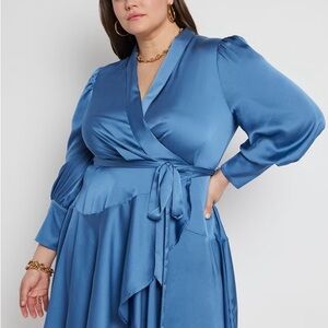 Eloquii Plus size Puff Sleeve Blue Wrap Dress
